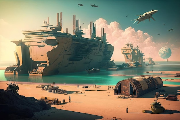 Port de fret futuriste du futur avec des navires arrivant à terre et sortant en mer créé avec g