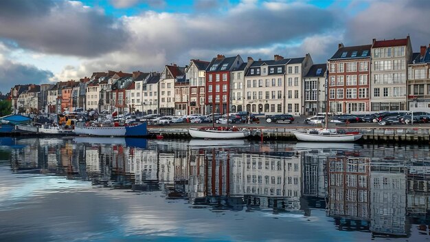 Photo port d'honfleur avec les bâtiments se reflétant sur l'eau sous un ciel nuageux en france