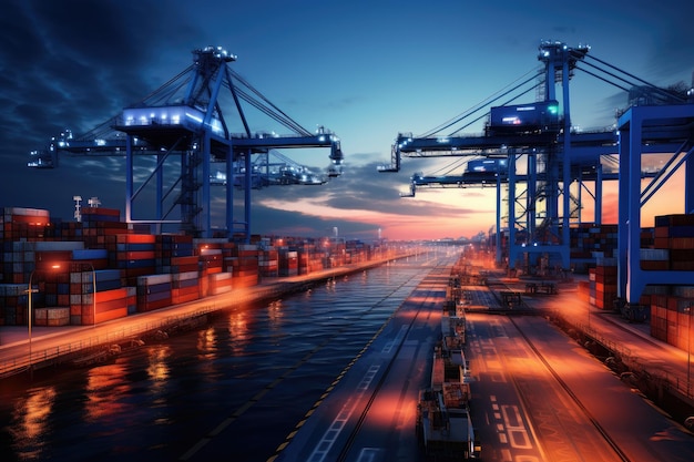 Port international de fret et de logistique en opération avec conteneurs de fret et grues