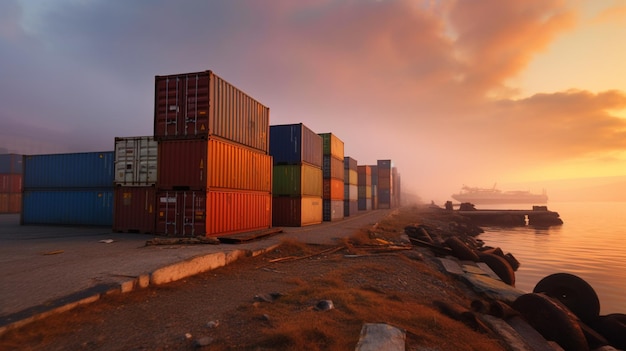 Port maritime avec un conteneur avec senery du matin