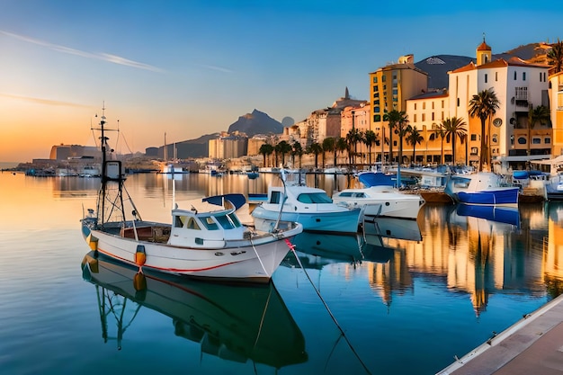 un port avec de nombreux bateaux et une ville en arrière-plan.