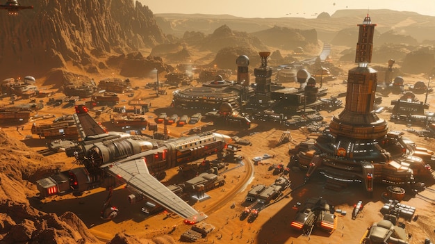 Un port spatial animé dans la colonie de Mars, centre central pour l'exploration et le commerce du système solaire