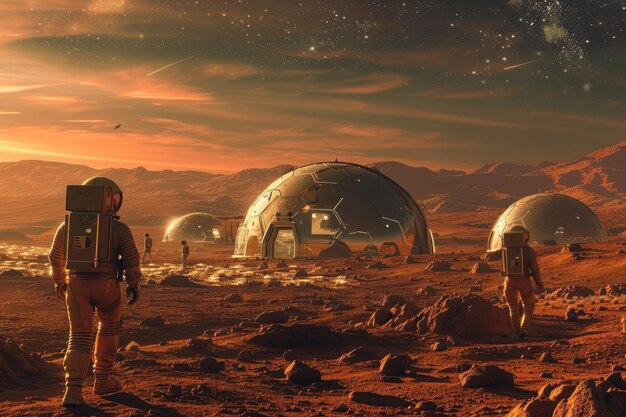 Un port spatial futuriste sur Mars avec des vaisseaux spatiaux resplendissants