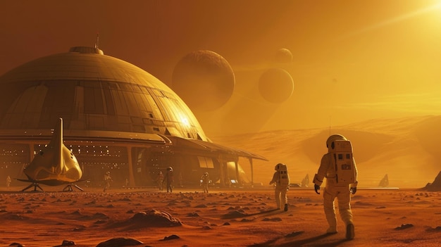 Un port spatial futuriste sur Mars avec des vaisseaux spatiaux resplendissants
