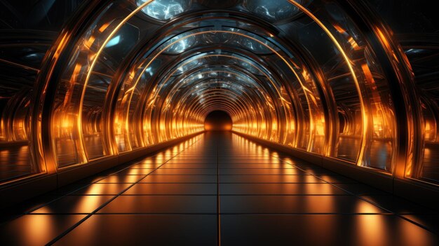 Portail de belles néons avec des lignes orange brillantes dans un fond de tunnel