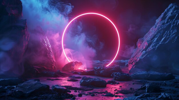 Un portail de cercle rose brillant mystique au milieu d'un paysage rocheux sombre avec un brouillard bleu