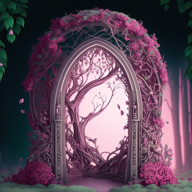 Portail dans une arche de fleurs avec une porte glamour dans une illustration 3d de forêt de conte de fées rose