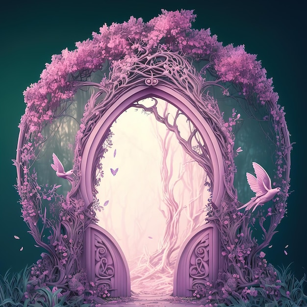 Portail dans une arche de fleurs avec une porte glamour dans une illustration 3d de forêt de conte de fées rose