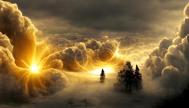Photo portail en fumée dense sous forme de portail de nuages vers le rendu 3d de la pègre. illustration raster.