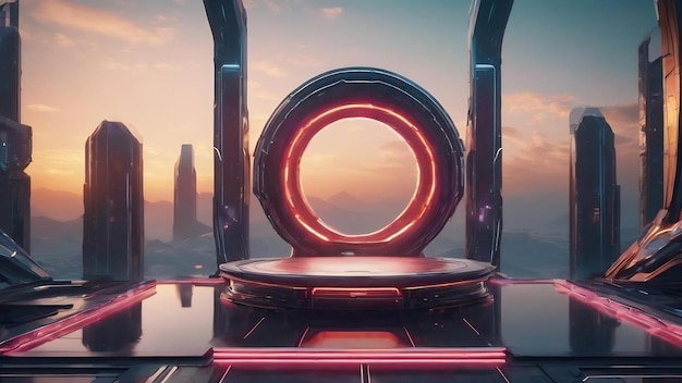 Un portail futuriste, une science-fiction, un podium, un piédestal, une plateforme moderne, un espace cyberpunk vide et technologique.