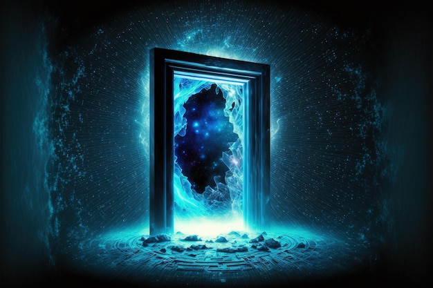 Portail holographique bleu Portail fantastique magique dans la mythologie haute résolution de style néon Téléportation de voyage interdimensionnelle magique Technologie extraterrestre futuriste surréaliste antique AI