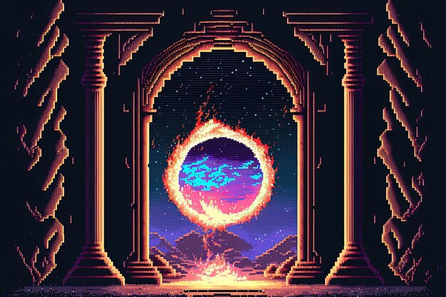 Photo portail magique d'art de pixel vers un univers parallèle portail vers une dimension fantastique arrière-plan pour un jeu ai à 8 bits