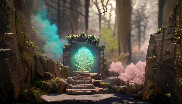 Portail magique dans la forêt au sommet de l'escalier en pierre mystérieux fond de paysage avec des arbres et des portes rougeoyantes avec du plasma vert et de la brume de couleur rose illustration 3d