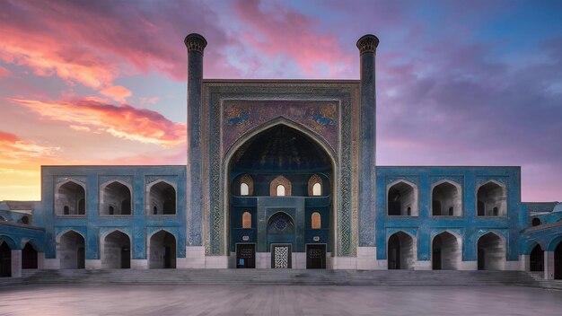 Le portail d'une mosquée à Tashkent au coucher du soleil