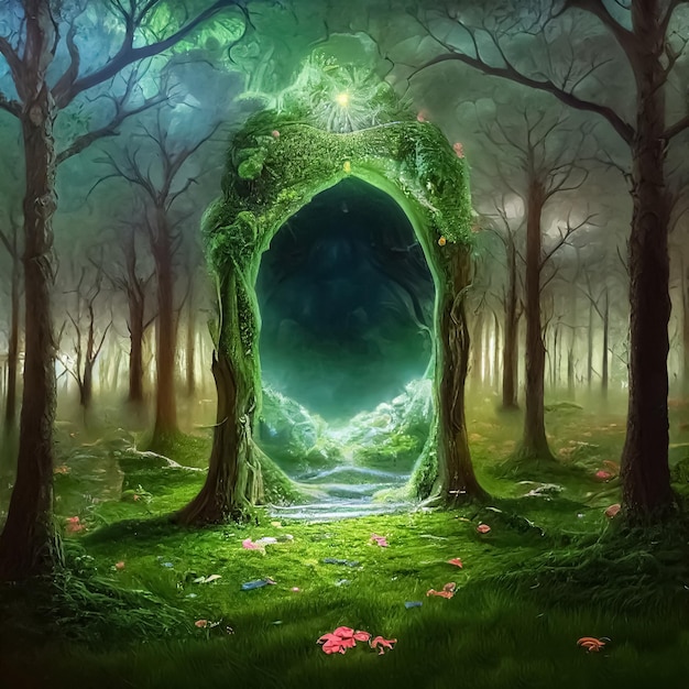 Portail de téléportation magique dans la forêt mystique des contes de fées Porte vers un monde surréaliste fantastique parallèle