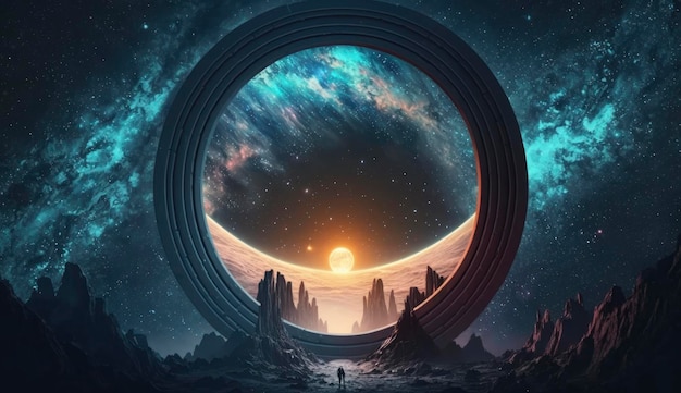 Portail vers un autre monde Paysage cosmique futuriste avec tunnel circulaire dans le ciel étoilé Porte dans l'espace arrière-plan futuriste avec galaxie et nébuleuse Créé avec Generative AI