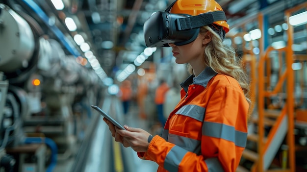 Portant des lunettes VR dans une usine avec un collègue utilisant une tablette