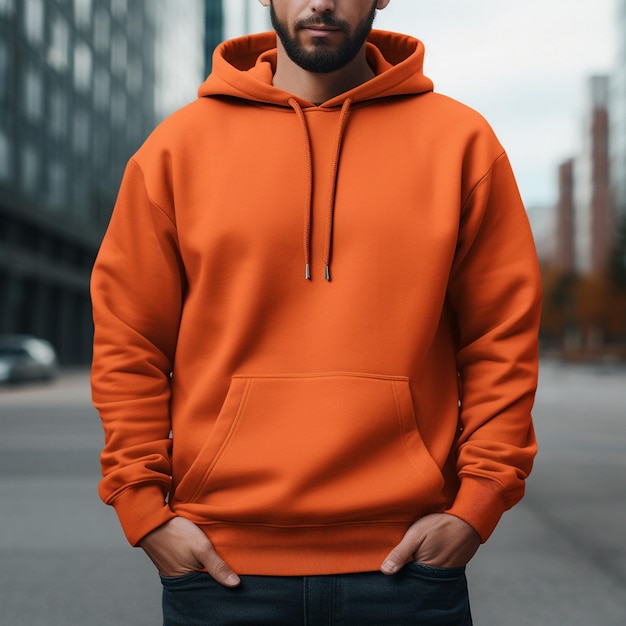 portant une maquette de sweat à capuche orange vif générée par l'IA