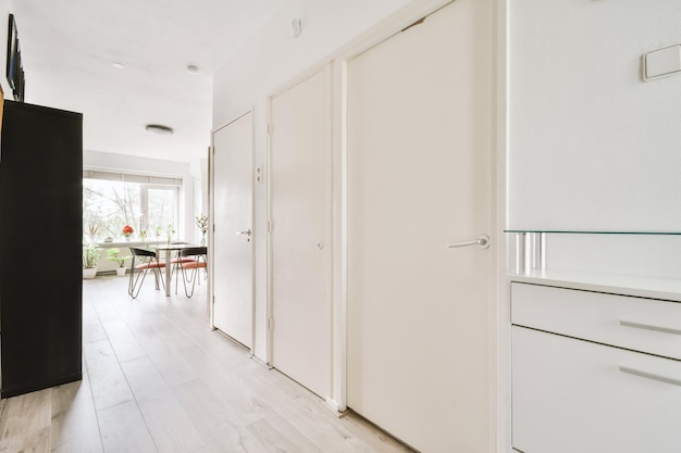 Porte d'appartement moderne avec murs blancs et parquet