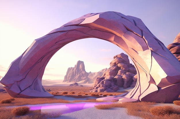 Porte ou arc de cristal surréaliste Architecture fictive ou objet de science-fiction dans le désert