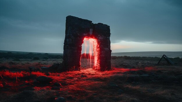 Photo une porte au milieu d'un champ avec une lumière rouge dessus.