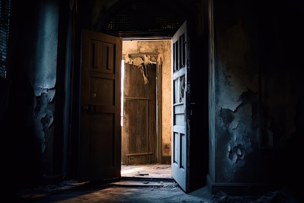 Porte d'un bâtiment abandonné hanté qui s'ouvre avec une faible lumière qui brille de l'intérieur