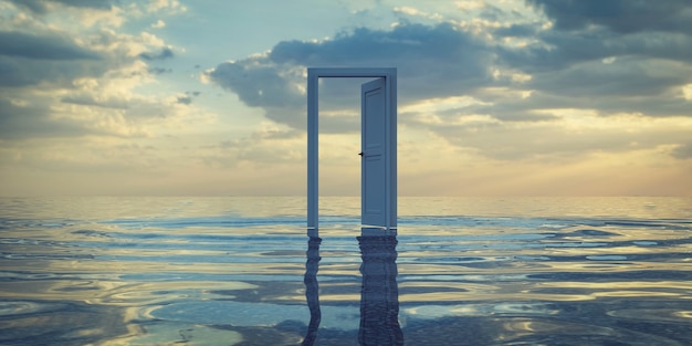 Une porte blanche dans la mer, rendu 3d