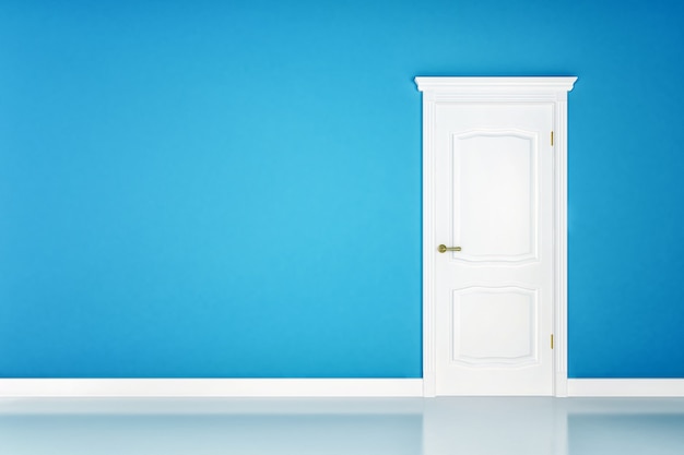 Porte blanche fermée sur la surface du mur bleu