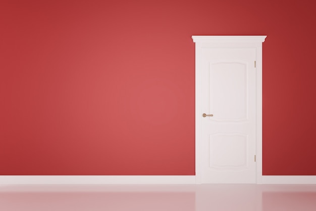 Porte blanche fermée sur la surface du mur rouge