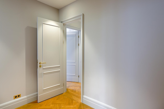 Une porte blanche avec une poignée dorée est ouverte sur un couloir avec un plancher en bois.