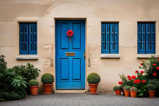 une porte bleue devant une maison avec des fleurs en pots.