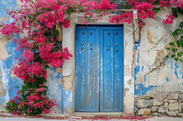 Une porte bleue érodée et un bougainville sur la rue de Crete