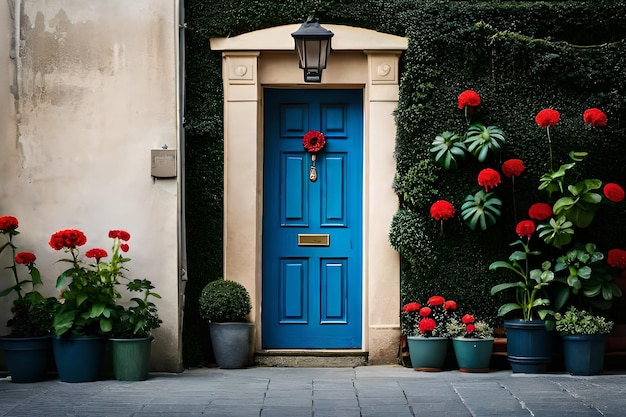 Une porte bleue avec une fleur rouge dessus