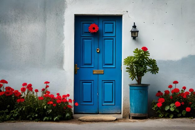 une porte bleue avec une fleur rouge dessus