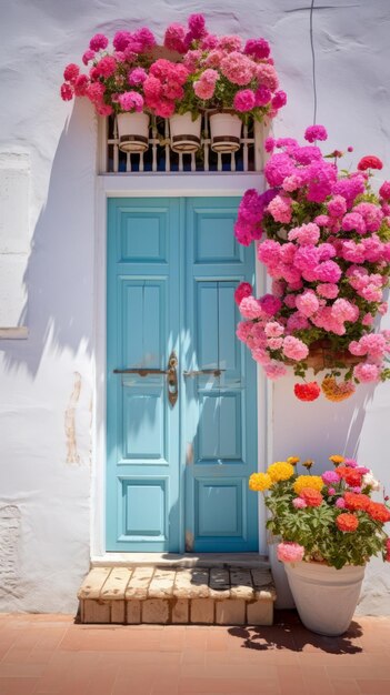 Photo la porte bleue avec des fleurs roses