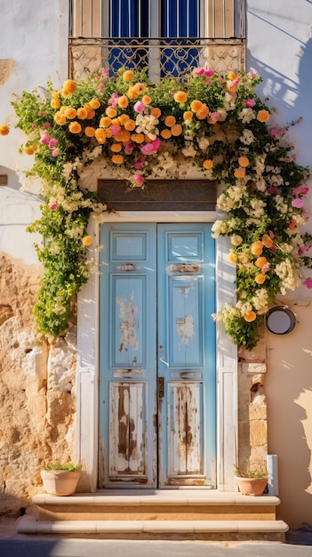 Photo la porte bleue avec des fleurs