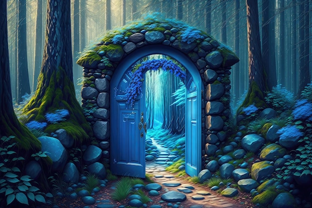 une porte bleue avec une horloge dessus dans une zone forestière sombre avec une passerelle en pierre et une clôture en pierre