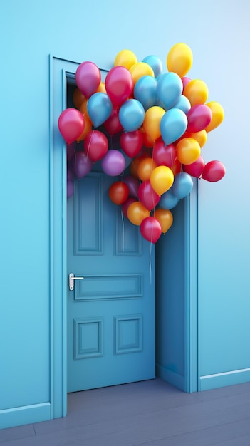 Une porte bleue avec de nombreux ballons colorés dessus