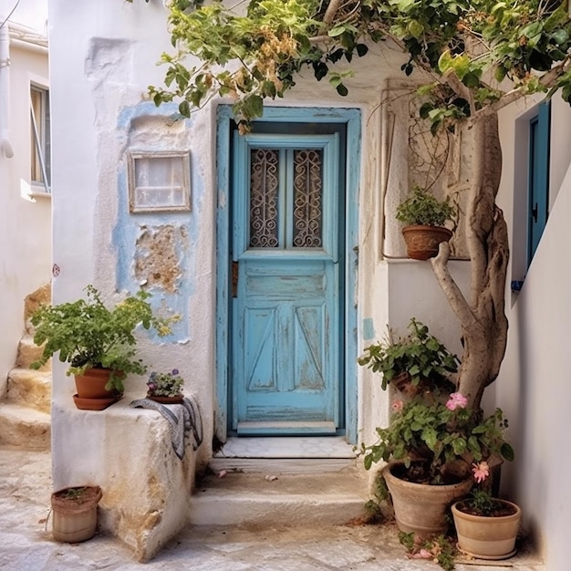 Une porte bleue avec une porte bleue et des plantes en pot sur les marches.