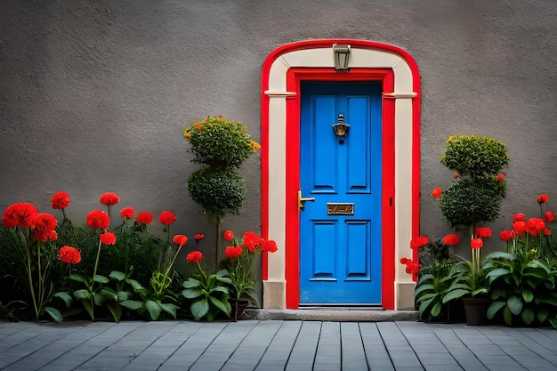 une porte bleue avec une porte rouge et une porte bleue.