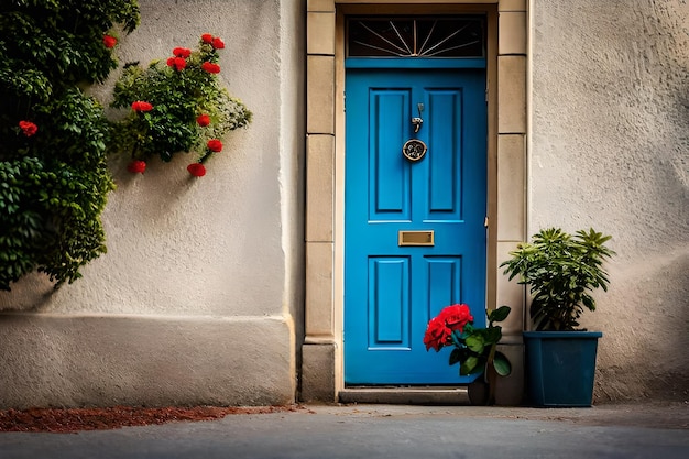 une porte bleue avec un pot de fleurs dessus