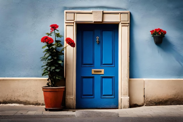 une porte bleue avec un pot de fleurs et une porte bleue.