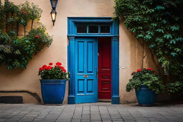 une porte bleue avec des roses rouges sur le mur et une porte bleue.