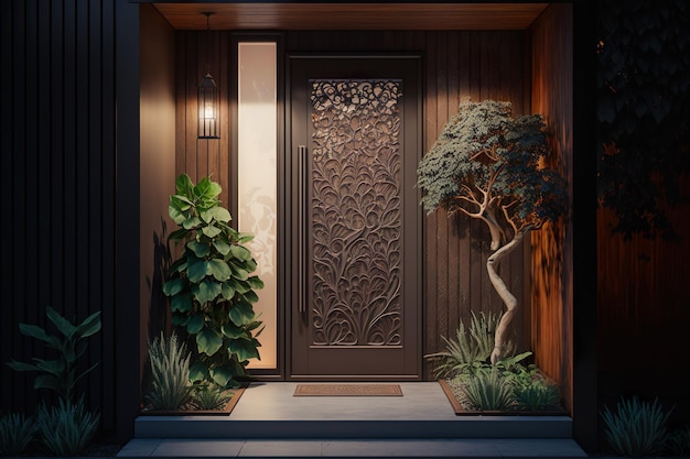 Une porte en bois avec un arbre au milieu