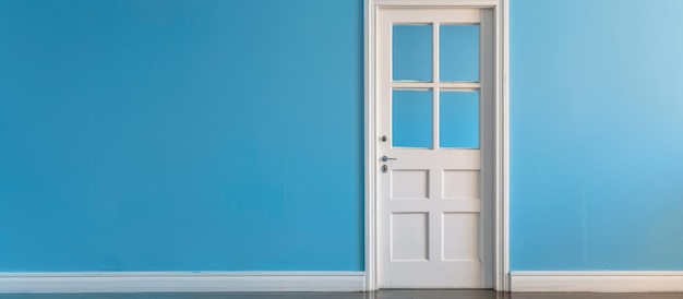 D'une porte en bois blanche isolée avec trois vitres sur un fond bleu