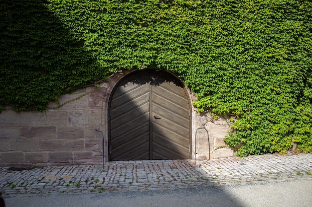 Une porte en bois contre un mur de pierre. Promenade près du château