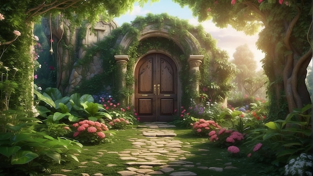 Une porte en bois dans un bâtiment en pierre entouré de fleurs et de plantes