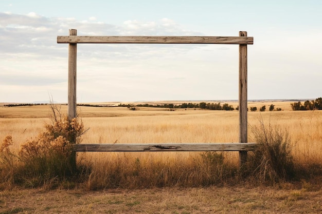 une porte en bois dans un champ avec un champ d'herbe et un ciel bleu.