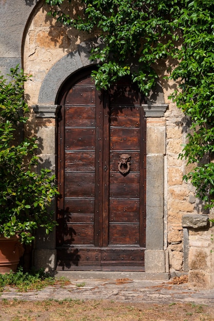 Porte en bois dans la ville médiévale de Toscane Italie Vieux murs en pierre et plantes