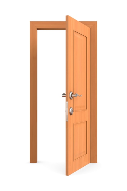 Porte en bois ouverte sur fond blanc Illustration 3D isolée